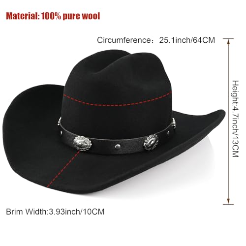 Image of 100% Wool Western Cowboy Hat for Men Women Classic Fedora Hat Felt Cowgirls Hats with Two Decorative Bands