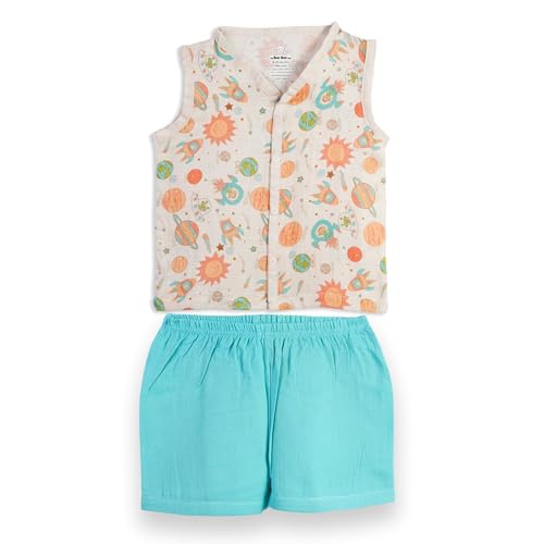 Image of The Boo Boo Club Muslin Jhabla and Short Set GOTS Certified Organic Cotton | Short Sleeve Snap Button Vest | Summer Wear Set | Printed Jhabla with shorts