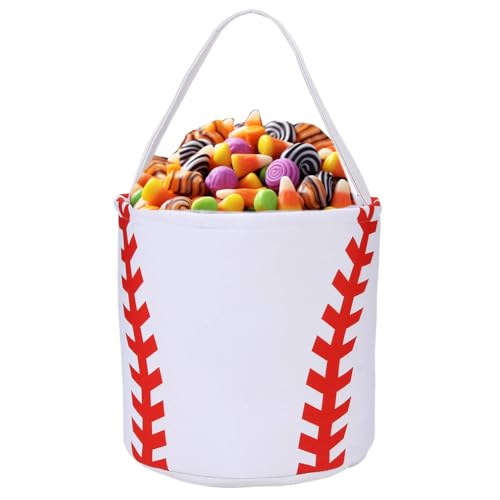 Image of Baseball Basket for Kids Canvas Easter Egg Hunt Baskets Halloween Trick or Treat Candy Bucket for Halloween Easter