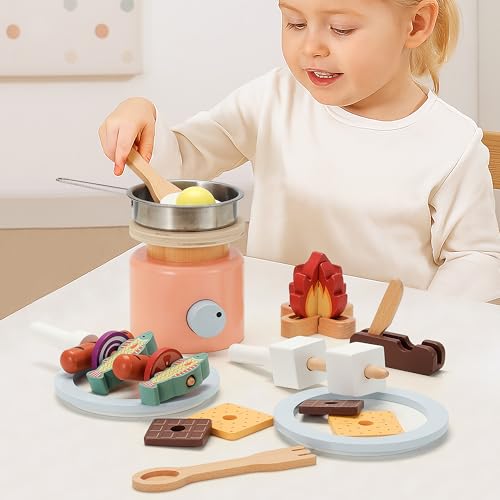 Pillowhale Wooden Camping Toy Set for Kids Pretend Play Outd