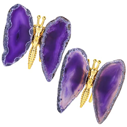 Nupuyai 2pcs Purple Agate Slice Butterfly Figurine Decorative Ornament, Crystal Healing Stone Butterfly Wings Decor Stand Statue for Home Office Desktop