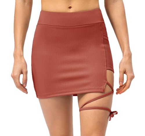 Amxiway Women's Mini Tennis Skirt with Shorts Golf Skort High Waisted Slit Bodycon Athletic Workout Skorts(Reddish Brown,M)