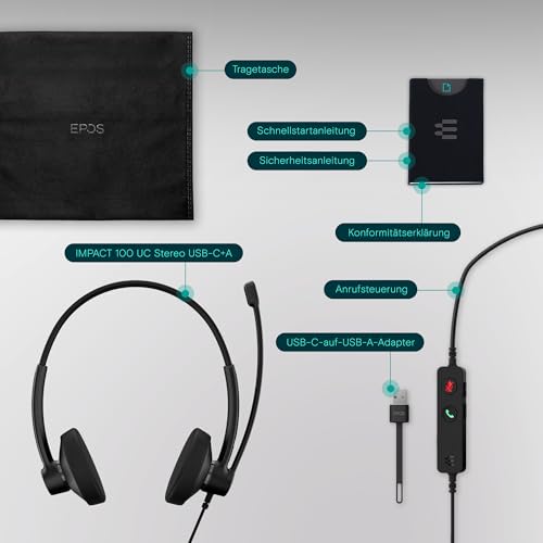 EPOS Impact 100 UC Stereo USB-C+A Headset mit Mikrofon, Universal Communications, Ger&auml;uschunterdr&uuml;ckung, Leichtgewicht, USB-Adapter, UC Professionell Kopfh&ouml;rer, Ohrpolster weich, Schwarz