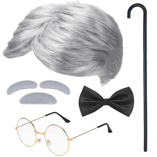 ERDOGLY Old Man Wig and Glasses Old Man Costume Grandpa Accessories with Funny Wigs Black Bow Tie Grey Mustache Eyebrows Walking Cane for 100 Days of School Costumes Halloween Cosplay