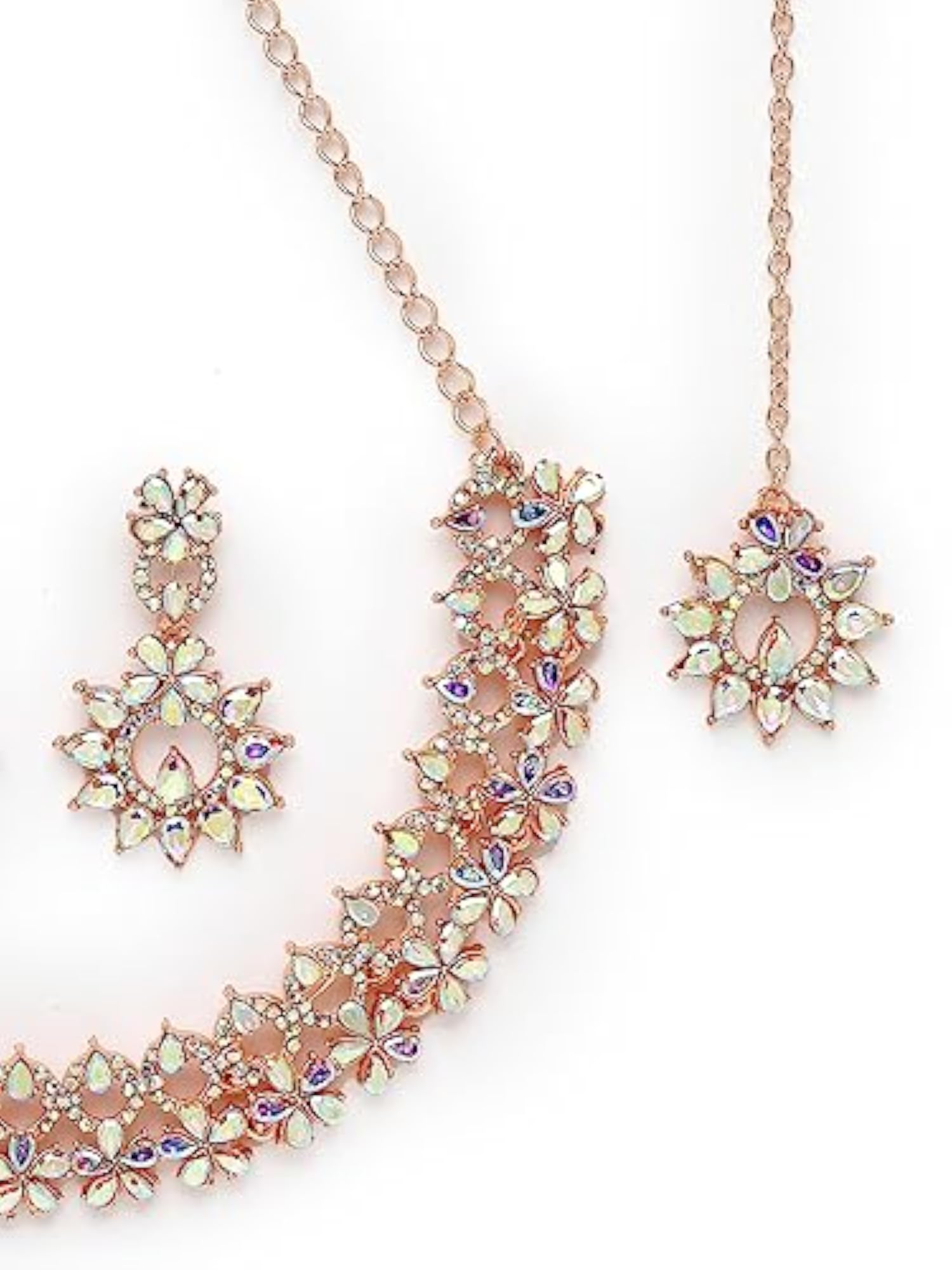 Plated Rainbow Stone Collar Bone Necklace Set With Earring And Maangtika