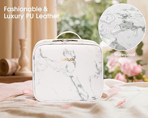 Luxtude Travel Makeup Bag Organizer Large Makeup Train Case Leather Cosmetic Case Organizer Portable Artist Storage Bag with Adjustable Dividers for Women Cosmetics Brushes Toiletry etc. (Marble) - Image 4
