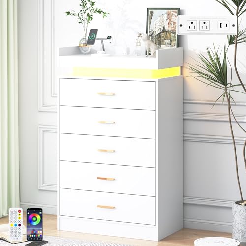 Image of jiteentarou 5 Drawer Dresser with Charging Station and LED Lights, Modern Chest of Drawers with Power Outlet, Organizer Cabinet for Bedroom, Living Room, Entryway, White