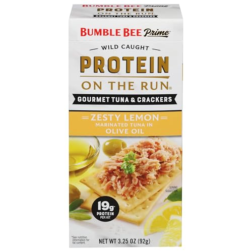Image of Bumble Bee Prime Protein On the Run Zesty Lemon Tuna Kit | Ready to Eat Easy-Open Canned Gourmet Tuna Marinated in Olive Oil with Crackers & Utensil, 19g Protein per Box