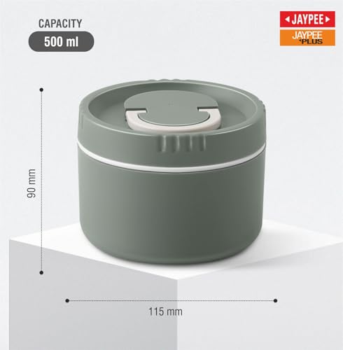 Image of Jaypee Plus Snackpac Sr. Airtight Leakproof Container 500 ml Lunch Box for School, Office, Ideal for Snacks and Meal, Keeps Food Hot & Fresh Inner Stainless Steel Easy to Carry Handle, Greenish Green