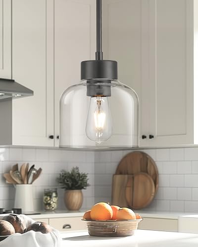 Image of 2-Pack 7 inch Pendant Lights Kitchen Island, Matte Black, Clear Glass