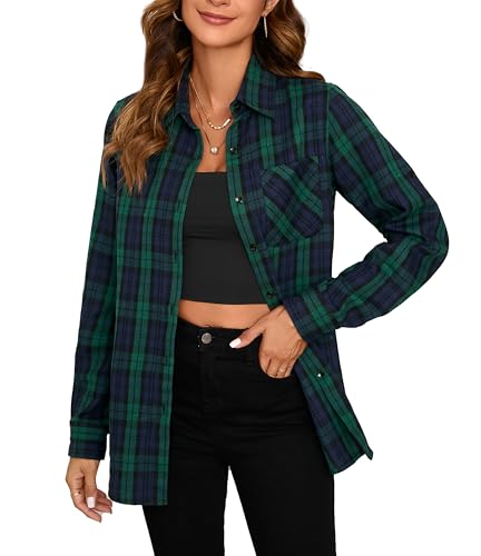 Stamain Kariertes Hemd Damen Langarm Flanell Hemden Blau Grün Freizeit...
