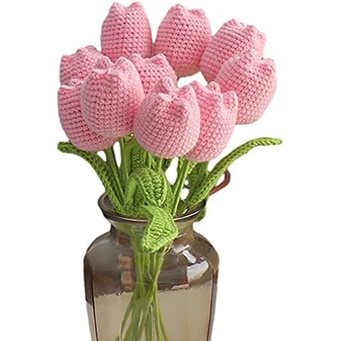 Emivery Crochet Flower Bouquet, 7pcs Knitted Artificial Tulip Flowers Bouquet Pink Handmade Crocheted Finished Fake Flower Tulip for Valentine's Mother's Teacher's Day Gift Cover
