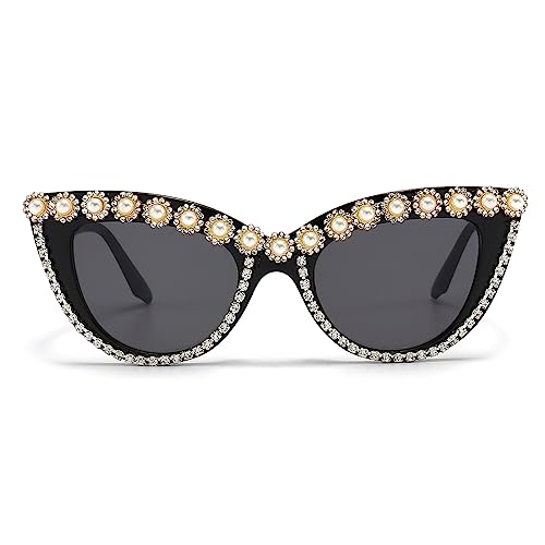 Image of LJCZKA Diamond Cat Eye Sunglasses Women Retro Jeweled Rhinestone Sun Glasses Sparkle Crystal Pearl Luxury Bling Eyewear
