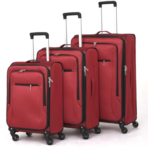 Pianeta 3pcs Set Softside Luggage Sets With Spinner Wheels, Expandable Softshell Suitcase Set with front pocket, 28inch, 24inch, 20inch Lightweight fabric luggage(RED)