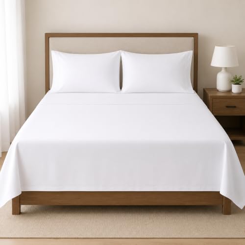 Soft Full Flat Sheet Poly Cotton White Hotel Quality Bedding Fade & Shrink Resistant Easy Care & Durable (White Single Pack of 1)