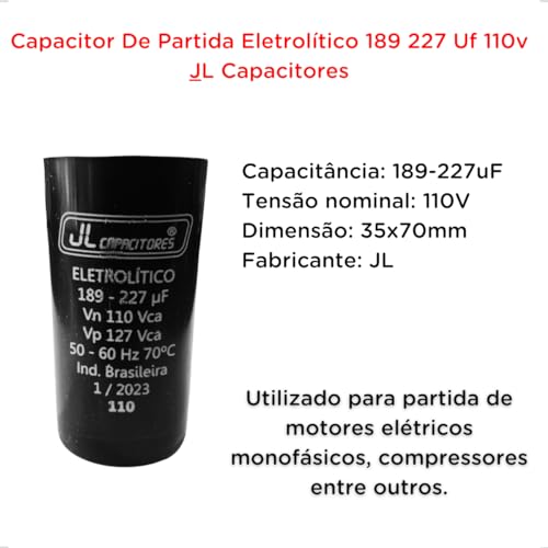 Capacitor De Partida Eletrolítico 189 227 Uf 110v JL Capacitores