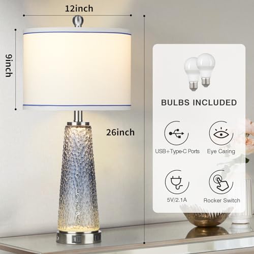 Coastal Glass Table Lamps for Living Room, 26" Table Lamps with USB A+C Ports & AC Outlet, Touch Control Bedside Nightstand Lamp with Crystal Night Light for End Table Office Desk Blue(Bulbs Included) - Image 4