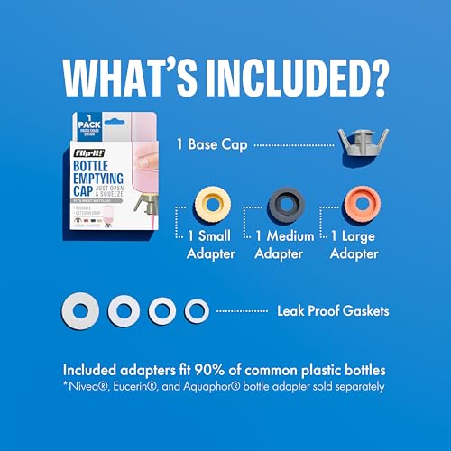 Image of Flip-It! 1-Pack Bottle Emptying Kit - No more wasted product - Fits most plastic bottles - Get out every drop of Shampoos, Lotions, & More - 1 Base Cap, 3 Adapters - Pastel Color Edition