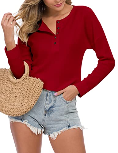 Image of MOLERANI Womens Long Sleeve Waffle Knit Henley Shirts Tunic Tops