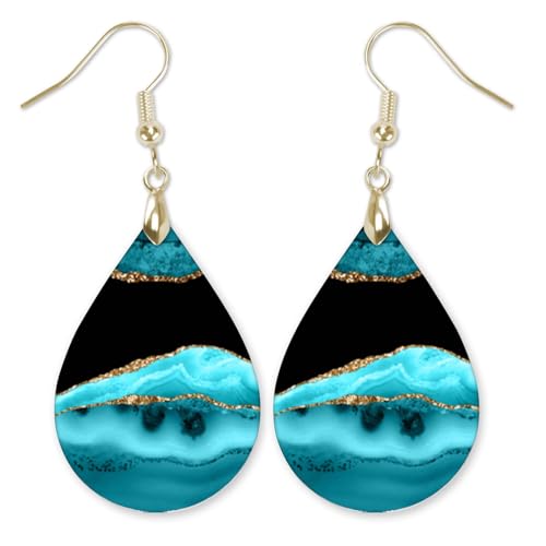 Teal Earrings for Women Dangling Trendy Aqua Jewelry Lightweight Teardrop Handmade from The Painted Pug (Teal Gold & Black)