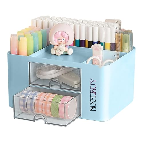 Image of NXTBUY Plastic Desk Organizer with Drawer | Desktop Office Stationery Storage Box | Desk Accessories Organizer | Mobile Phone Holder | Table Organizer for Study & Office Use (Blue)