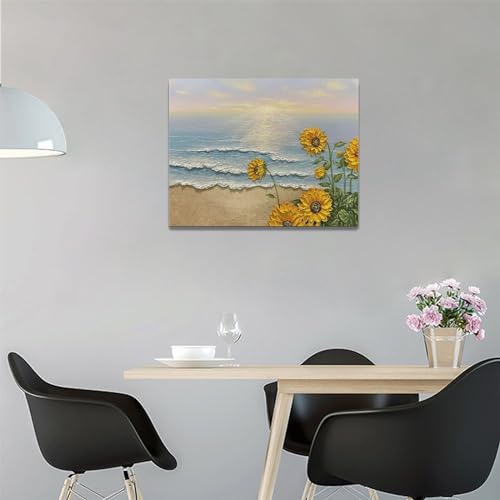 Sunflower Beach Decor Wall Art Coastal Ocean Waves Pictures Sunset Seascape Canvas Painting Nature Home Modern Artwork Decorations Framed for Bathroom Living Room Bedroom Office 16 x 12 inch - Image 3