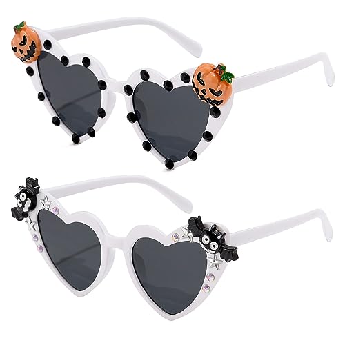 YAMEIZE Unique Heart Shaped Halloween Sunglasses - Skull Pumpkin Bat Rave Fancy Eyewear Christmas Festival Party