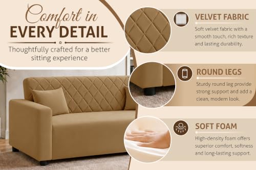 Image of Rosebell 3 Seater Wooden Sofa for Living Room, Modern Fabric Upholstered Sofa with Quilted Backrest, Cushioned Seating, Padded Armrests & Sturdy Wooden Frame - Golden