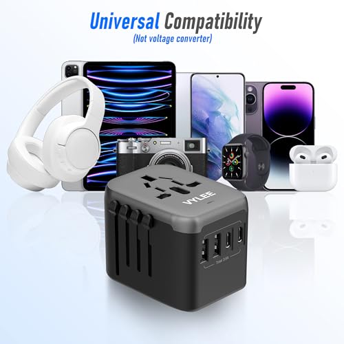Image of VYLEE Universal Travel Adapter, 5 in 1 International Power Adapter with 3.5A 2xUSB-A & 2xUSB-C Ports, Travel Plug Adapter Worldwide for Europe USA UK AUS Travel Essentials (Black Grey)