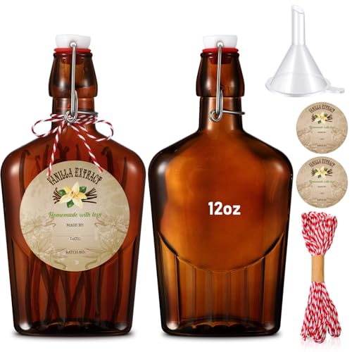 Uiifan 2 Pack 12 oz Vanilla Extract Bottles with Swing Top Flask Whiskey Pocket Amber Glass Flask for Homemade Vanilla Extract Lemon Kombucha Water Apply Christmas Wedding Gift (Amber)