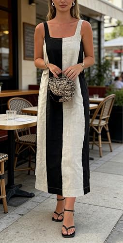 Image of CHARTOU Women Summer Sleeveless Linen Dress Contrast Color Maxi Long Beach Vacation Tank Dress