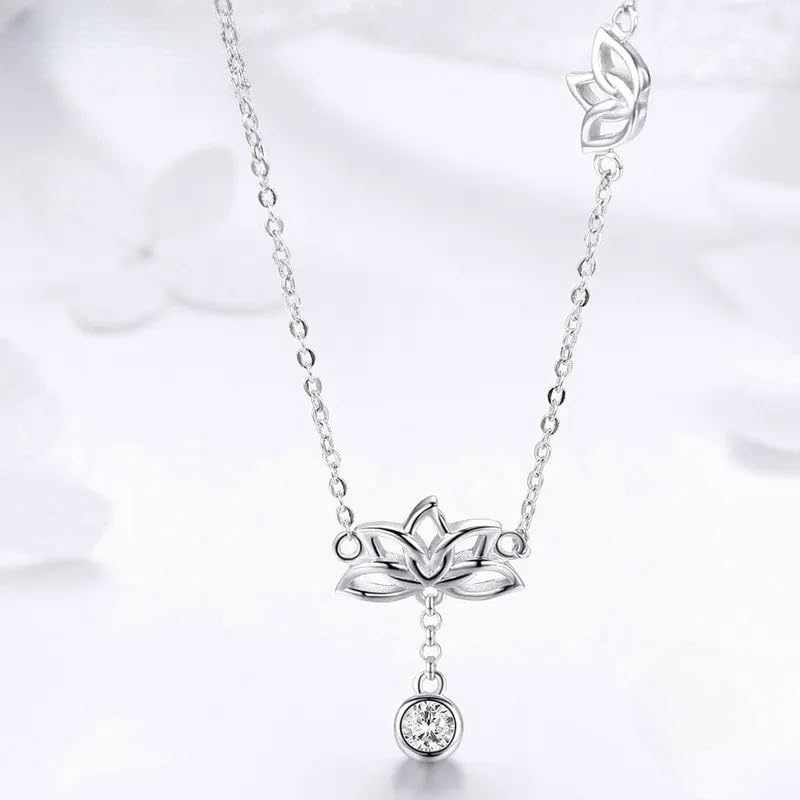 Image of 925 Sterling Silver Lotus Necklace For Women - 14K Gold Filled Lotus Flower Original Pendant Necklaces Lotus Leaf Necklace, Lotus Flower Pendant Necklace, Lotus Flower Necklace