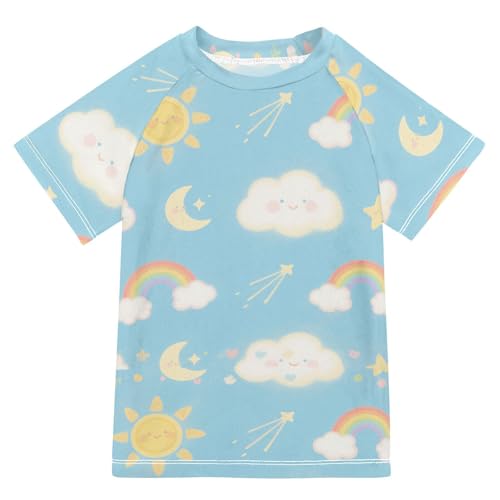 Cute Cartoon Sun Moon Stars Blue Short Sleeve Matching Bathing Suits for Kids Kids Swimsuits for Girls Rash Guard Boys for 3-12 Years Traje de bano de Sirena para nina