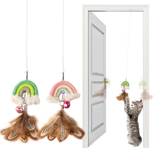 YUDANSI Cat Feather Toys 2pack,Retractable Cat Teaser Toys, Self-Adhesive Hanging