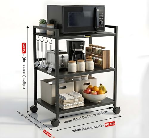 Image of Heavy Duty 3 Tier Microwave Oven Stand for Kitchen | Multi-Purpose Metal Rack with Wheels | Storage Organizer for Oven, OTG, Air Fryer, Printer, and Appliances (Black)