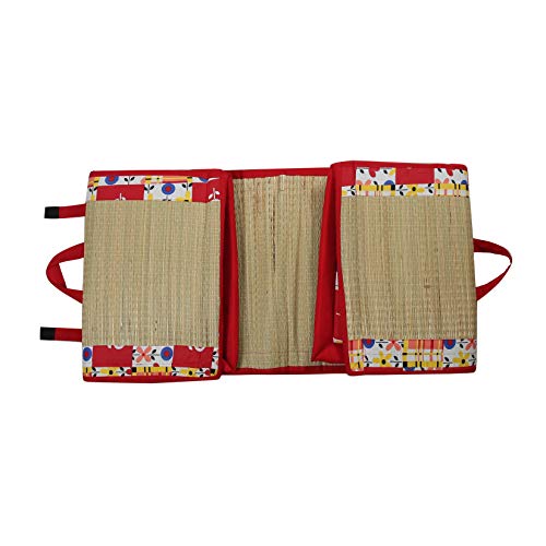 Image of Foldable Mat 6.5 X 6 Feet Korai River Grass chatai Red Cotton Fabric with 20MM Soft Foam Comfort Cushion
