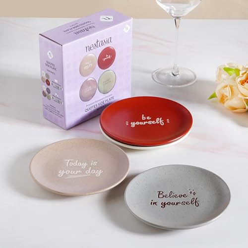 Image of Nestasia Ceramic Round Snack Plate Set of 4 (15cm Each) - Inspiring Quotes Embossed Small Plates for Serving Snacks & Desserts | Microwave & Dishwasher Safe (White, Grey, Red, & Taupe)
