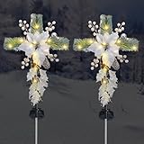 Thyle 34 Inch Solar Lighted Christmas Cross Stake Christmas Cross Stake Lights with Faux Pine Cones Needles Berries Leaves Memorial Outdoor Solar Cross for Cemetery Grave Decorations (White,2 Pieces)