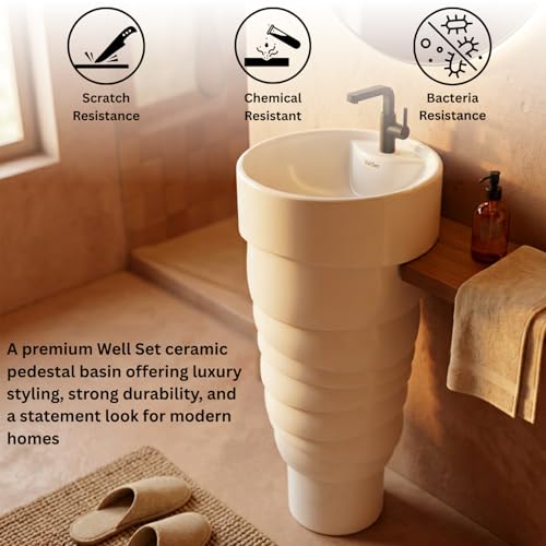 Image of Well Set Luxury Ceramic One Piece Pedestal Wash Basin | Premium Stand Wash Basin Square for Home Office Hotel | White