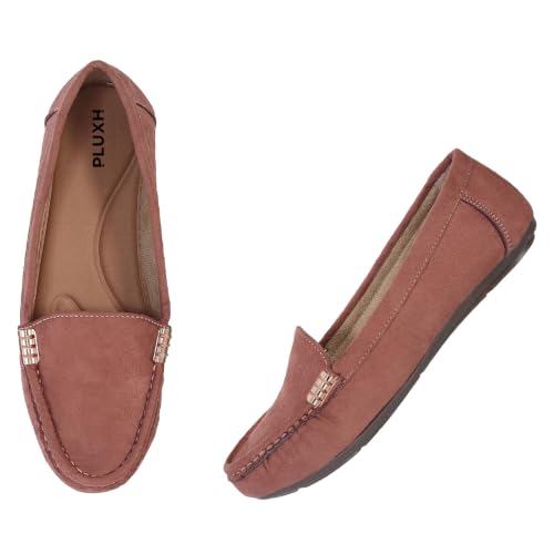 Image of Pluxh Women Classic Ballet Flats | Suede-Textured Slip-On Design with Metal Accent | Cushioned Footbed and Flexible Sole | Office, Casual & Travel Wear