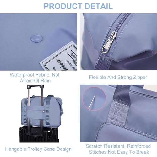 Image of Large Capacity Folding Travel Tote Bag, Oxford Fabric Waterproof Lightweight Foldable Travel Duffel Bag, Portable Expandable Travel Bag, Dry and Wet Separation Carry On Bag for Airplanes (Light Blue)