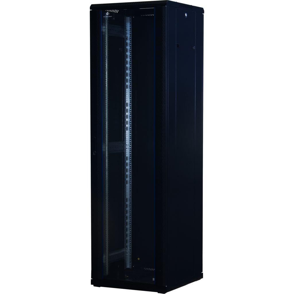 Rockstable 42HE 19 Zoll Serverschrank Netzwerkschrank (BxTxH) 600x600x2000mm mit Glastür - Türanschlag wechselbar - Türen und Seitenwände abnehmbar und verschließbar - Schwarz (RAL 9005)