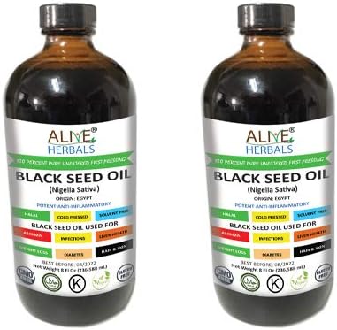 Alive Herbals Black Seed Oil Cold Pressed - 100% Raw Unfiltered, Vegan & Non-GMO, No Preservatives & Artificial Color. Amber Glass (8 OZ Glass bottle Pack of 2)