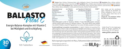 GOLDEN PEANUT Flohsamenschalen Tabletten 120 Stück Ballastoff Mix mit Maca Pulver, Flohsamen, Inulin, Apfelpektin und Vitamin C, Energie Stoffwechsel Komplex Monatsvorrat