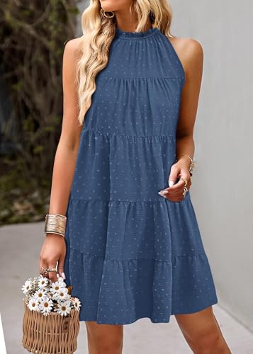 Image of KIRUNDO Summer Sundresses for Women Halter Dress Babydoll | Spring Sleeveless Halter Top, Flowy Tiered Pleated, Western Cute Country Concert, Beach Wedding Guest Vacation Cruise Dress