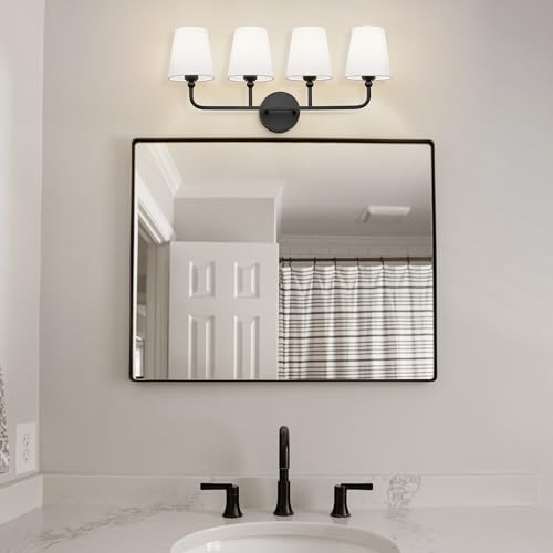 Image of Bathroom Light Fixtures, 4 Light Matte Black Vanity Lights with Flared White Fabric Shade, 28 Inch Wall Sconce, Modern Sconces Wall Lighting for Hallway Bedroom, VL837-MB-4