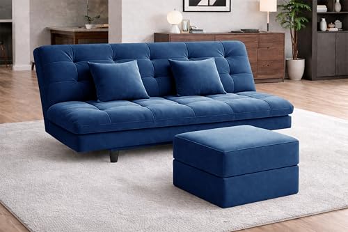 Image of Rosebell Modern Three-Seater Sofa Cum Bed - Foldable Velevt Fabric Sofa, Foam Seating, Stylish Design for Living Room, Guest Room & Office - Blue Color