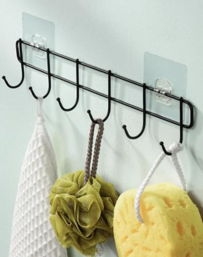Image of iSTAR Heavy Duty Adhesive Wall Hooks Rack | No Drill Multipurpose Kitchen & Bathroom Organizer | Strong Self Adhesive Hanging Hooks for Towels, Utensils, Clothes, Bags (6 Hooks) - Black