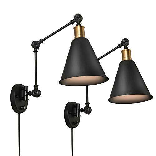 SUNVP Swing Arm Wall Lamp Plug-in Cord Industrial Wall Sconce Plug in or Hardwire with On/Off Switch Wall Mounted Reading Light Fixture Set of 2 Bedside Reading Lamp