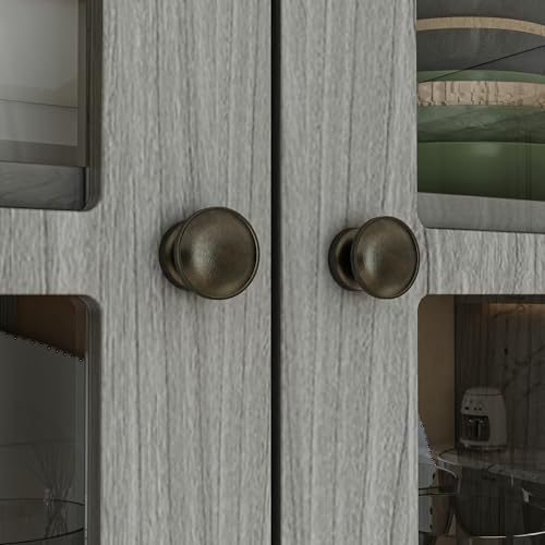 Hitow 75.9\" Kitchen Pantry Cabinet with Glass Doors & Hutch, Large Wood Storage Cabinet with 8 Shelves & 3 Drawers, Rustic Buffet Cupboard for Home Bar, Kitchen, Dining Living Room, Grey - Thumbnail 5